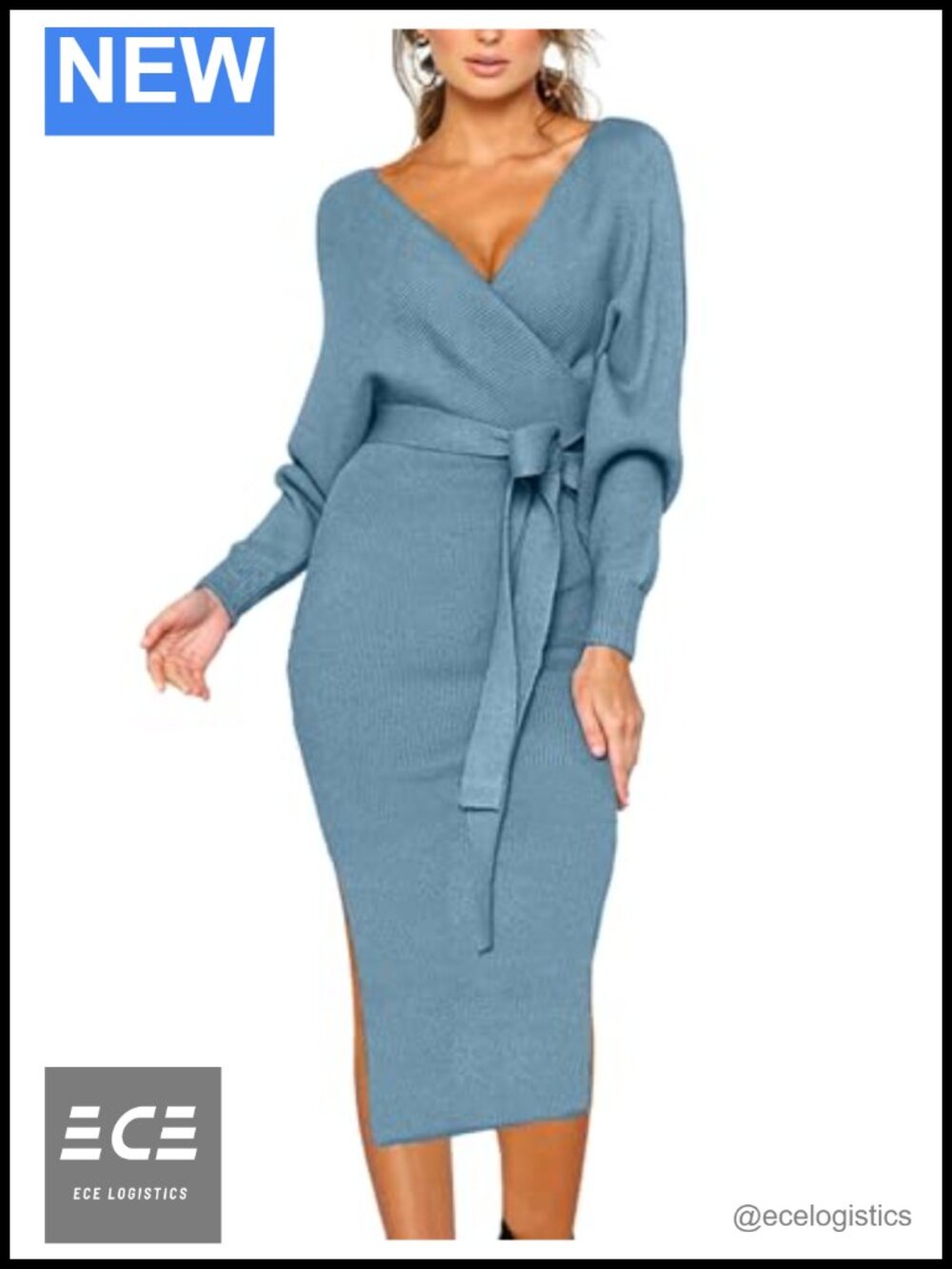 Sweater Dress V Neck Batwing Long Dress with Belt